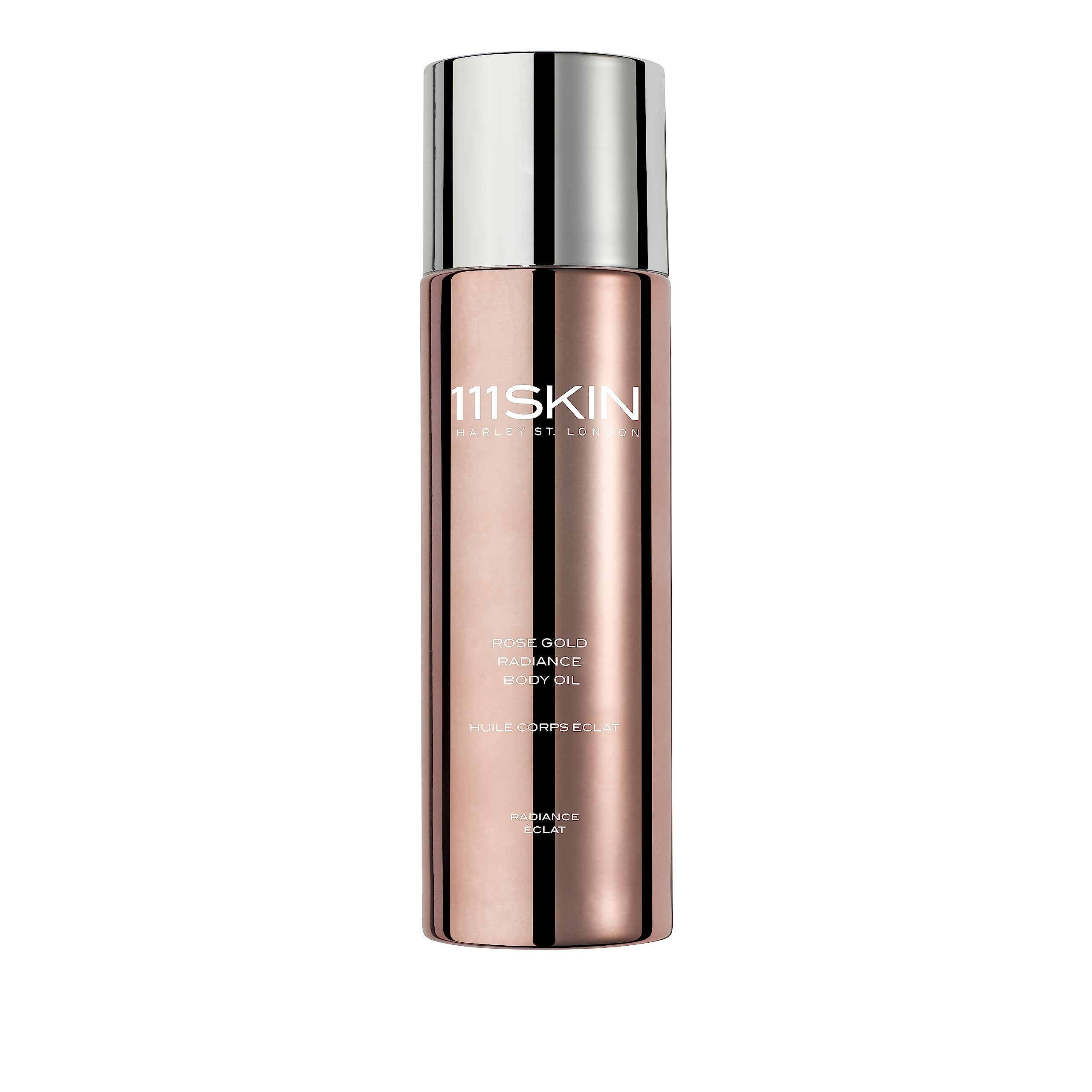 111SKIN Rose Gold Radiance Body Oil bottle pour demonstrating quick hydration