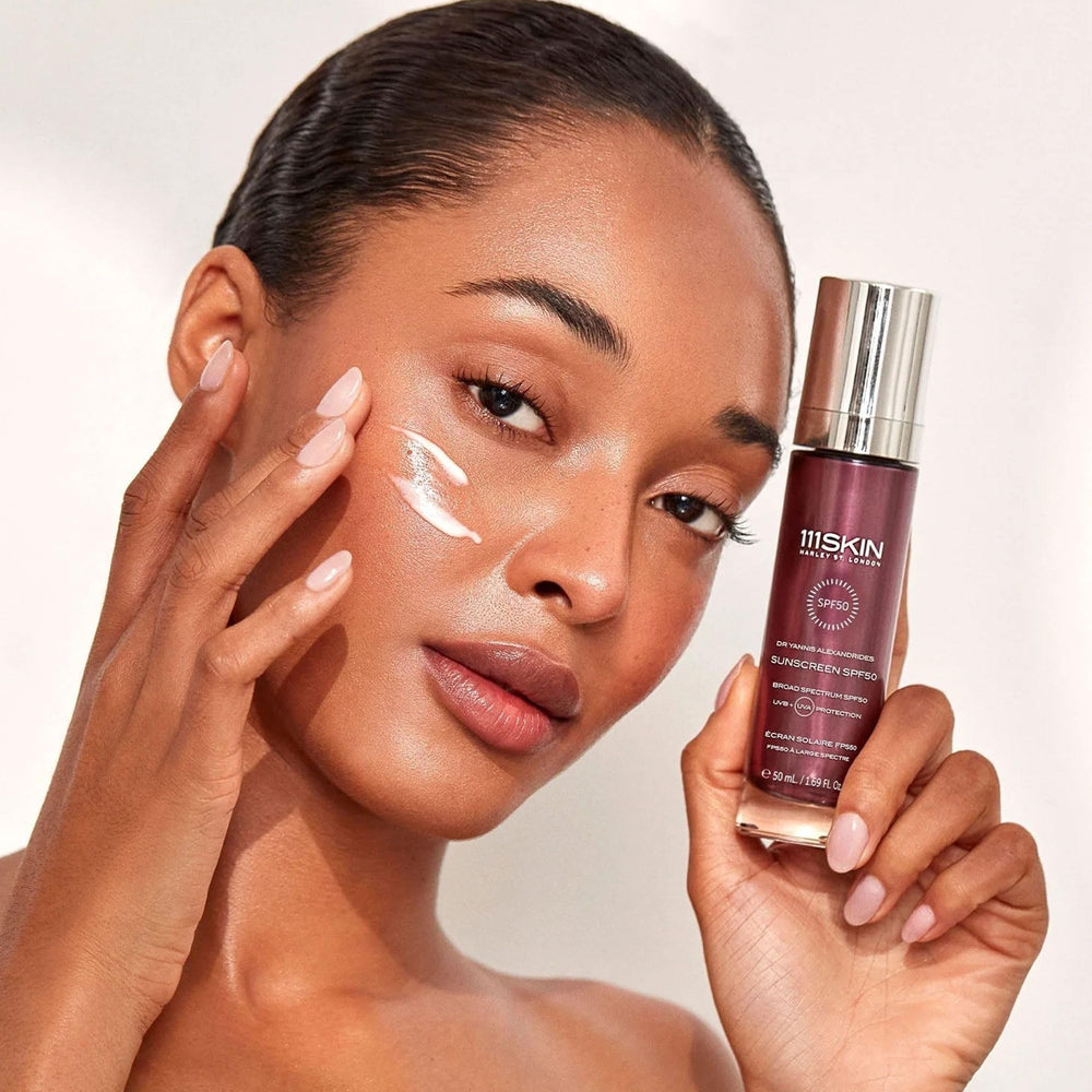 111SKIN sunscreen texture close-up shows non-greasy finish