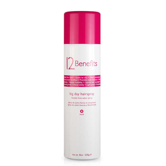 12 Benefits Big Day Hairspray bottle front view showing the product’s design and branding.