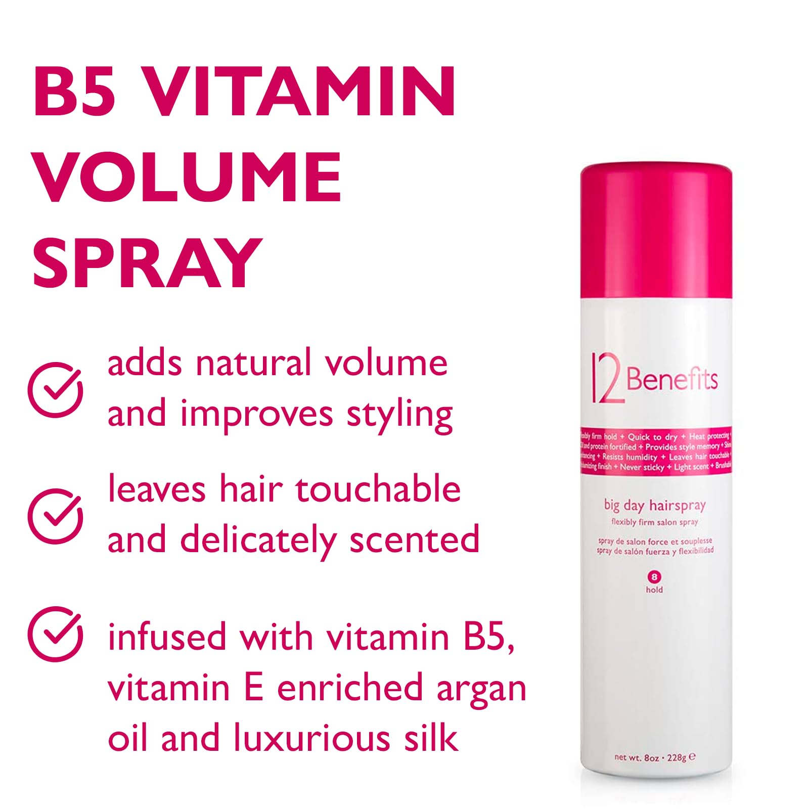 12 Benefits Big Day Hairspray spray action demonstrates easy, flexible hold for all-day style.
