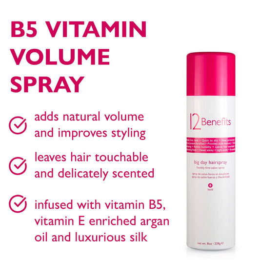 12 Benefits Big Day Hairspray spray action demonstrates easy, flexible hold for all-day style.