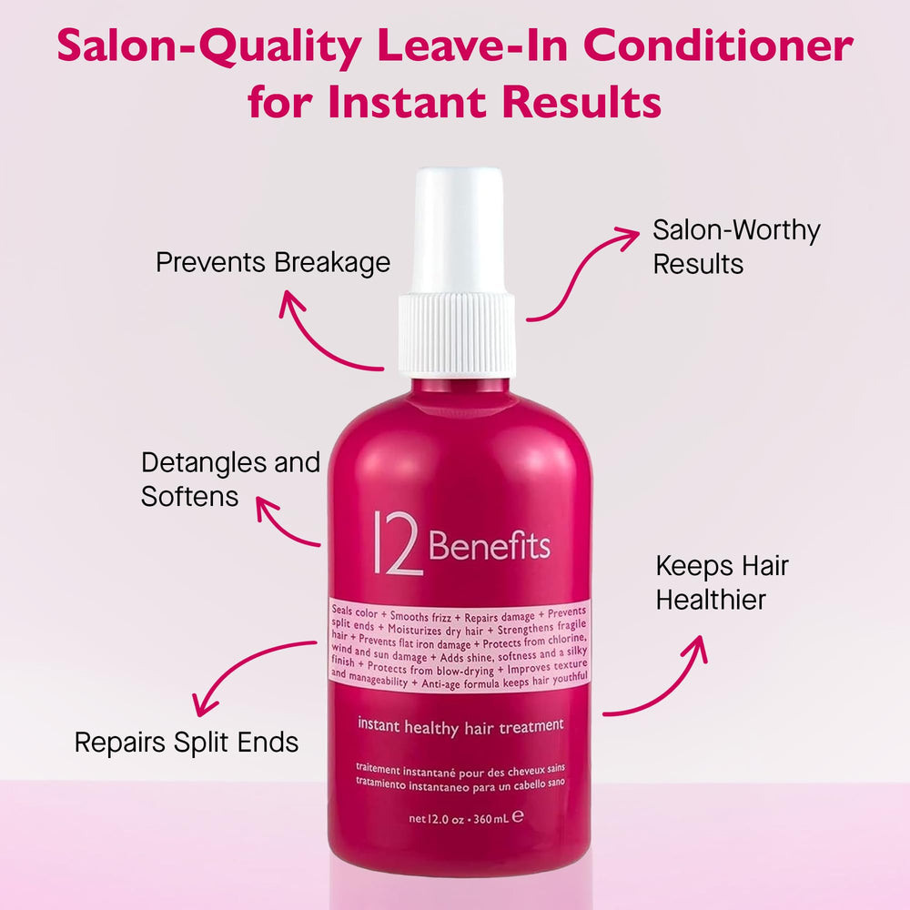 12 Benefits bottle dispense close-up highlights a lightweight formula and heat protection