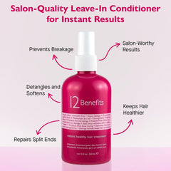 12 Benefits bottle dispense close-up highlights a lightweight formula and heat protection