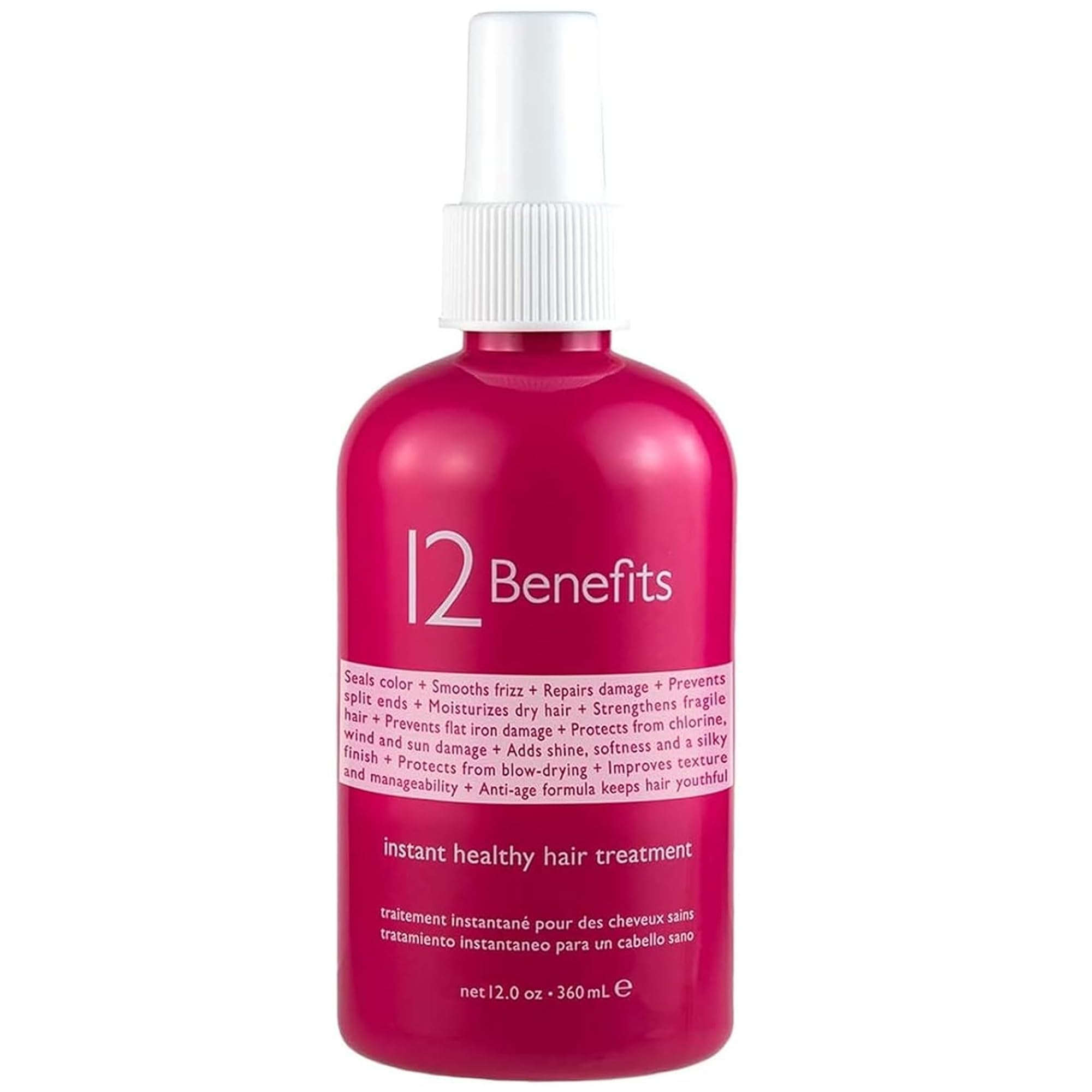 12 Benefits bottle front shows a sleek spray bottle for instant shine