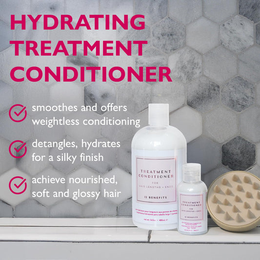 12 Benefits conditioner texture close-up reveals rich cream for detangling and smooth application.