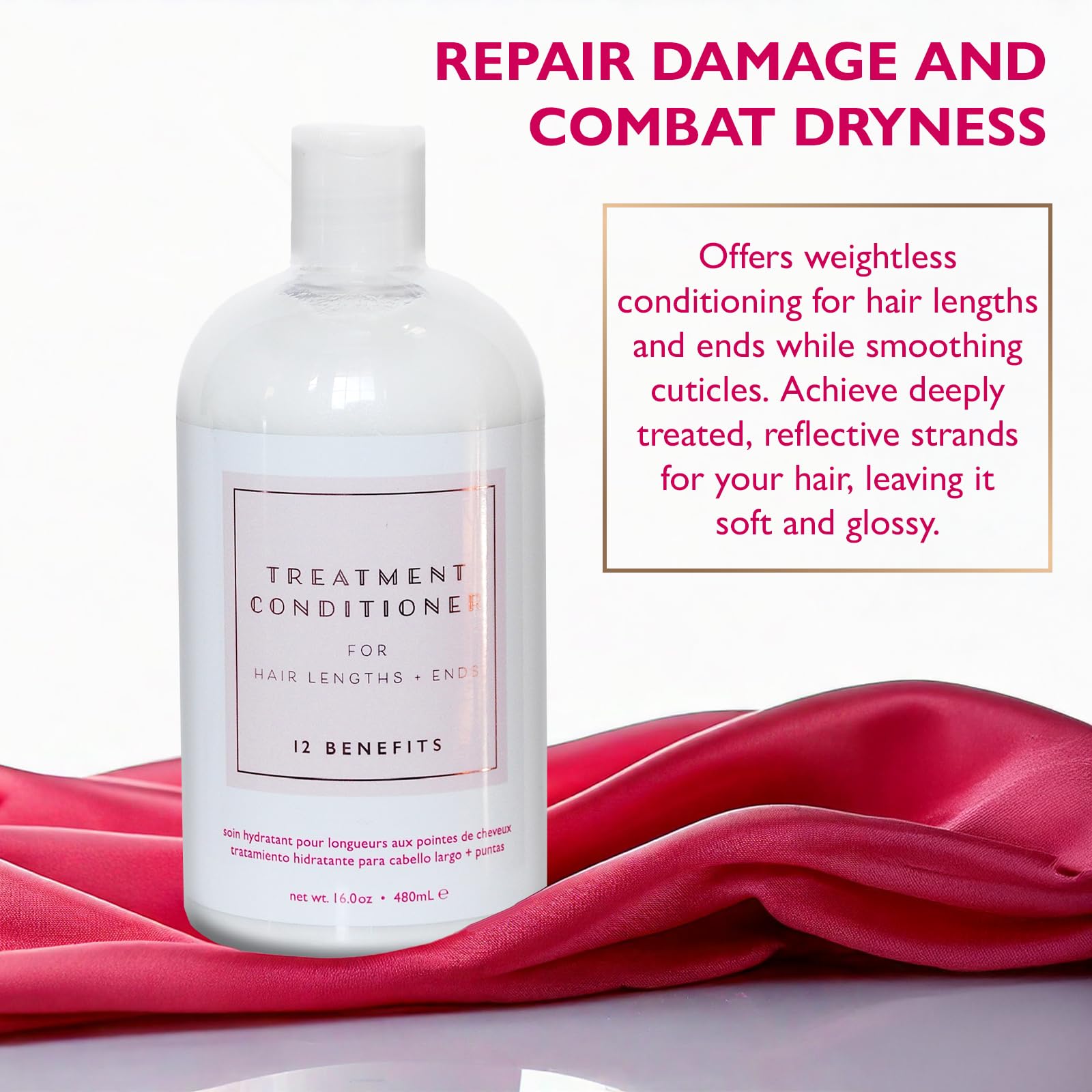 12 Benefits hair conditioner application showing smooth, manageable strands.
