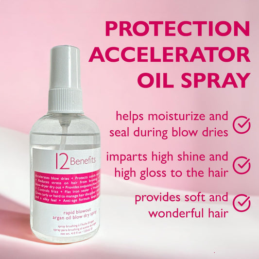 12 Benefits Rapid Blowout Argan Oil Spray mist on hair for quick protection