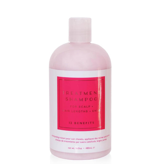 12 Benefits Treatment Shampoo bottle pouring for hydrating scalp care.