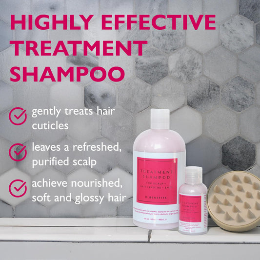 12 Benefits Treatment Shampoo bottle on sink illustrating gentle cleansing for hair.