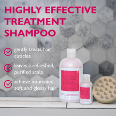 12 Benefits Treatment Shampoo bottle on sink illustrating gentle cleansing for hair.
