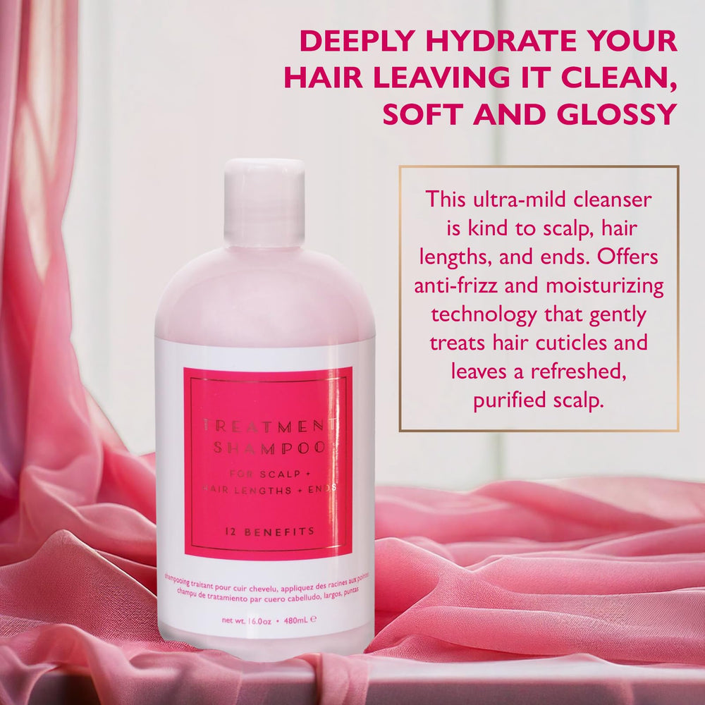 12 Benefits Treatment Shampoo lather on hair showing frizz reduction.