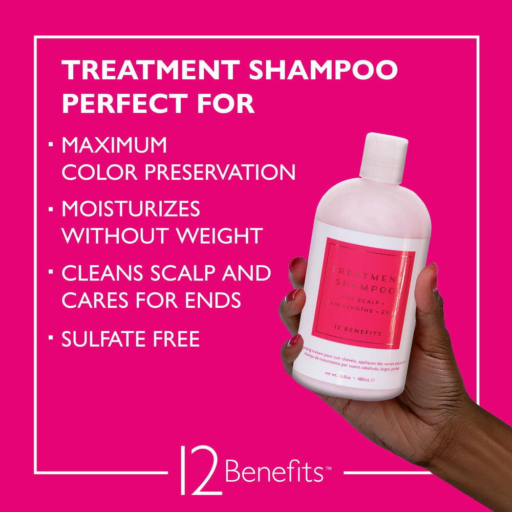 12 Benefits Treatment Shampoo pump bottle highlighting sulfate-free formula.