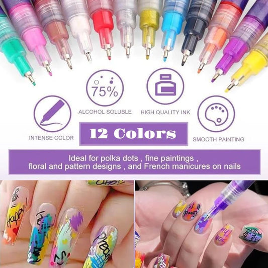 12 Colors Nail Art Marker Pens Set 0-5mm nib for fine lines