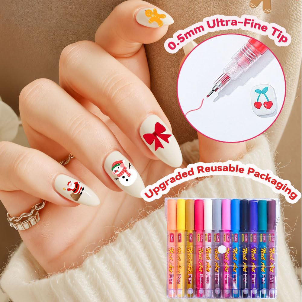 12 Colors Nail Art Pens Set color swatches with opaque pigments for bold designs