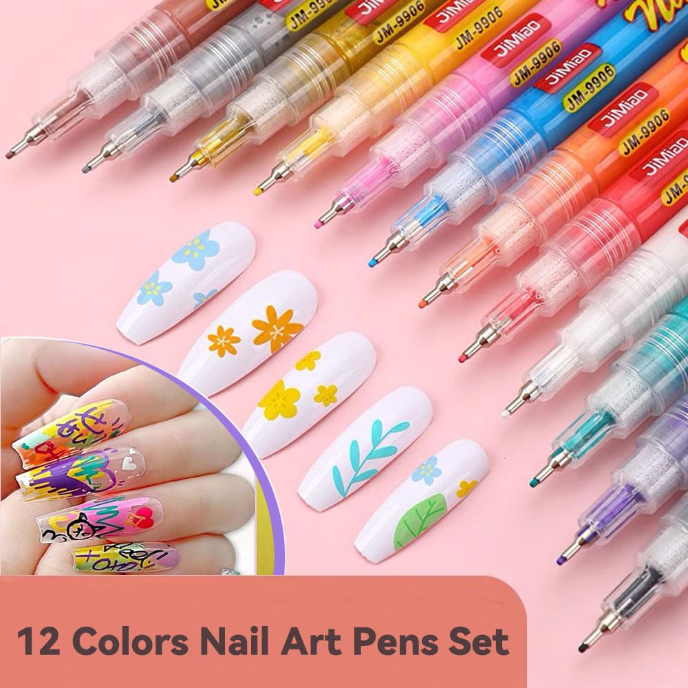 12 Colors Nail Art Pens Set on natural nails with detailed designs