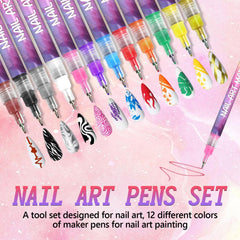 12 Color Nail Art Pens 0-5mm tip enables detailed micro patterns.