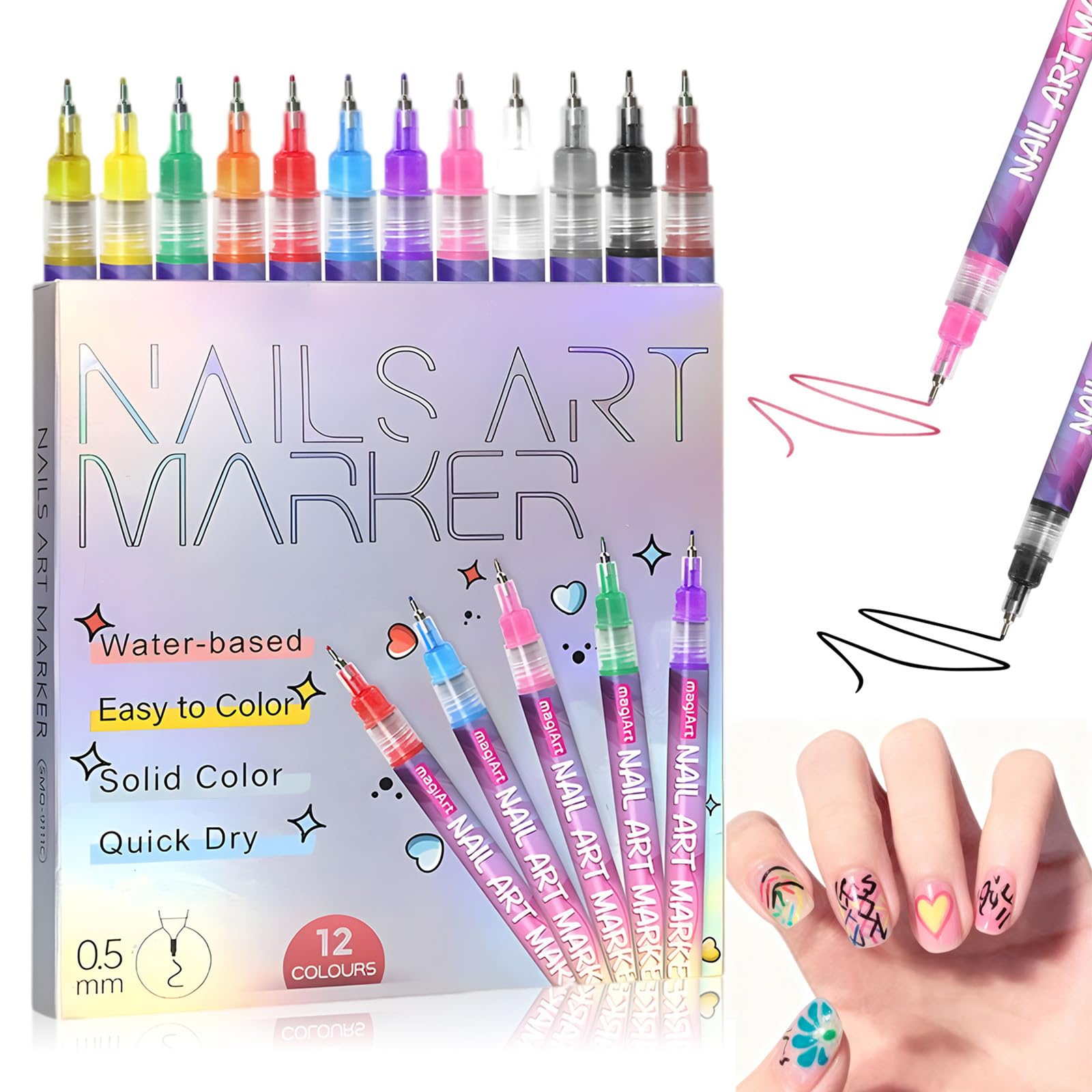 12 Color Nail Art Pens set with vibrant colors for DIY nail designs and precise lines.