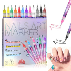 12 Color Nail Art Pens set with vibrant colors for DIY nail designs and precise lines.