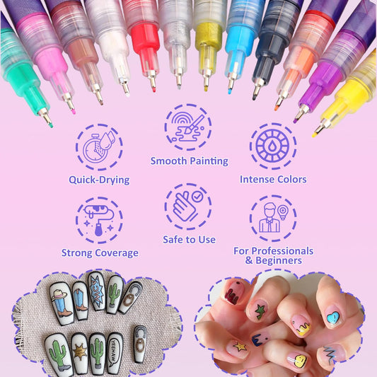 12Colors Nail Art Pens Set closeup shows fine 0.5mm tips for precise lines