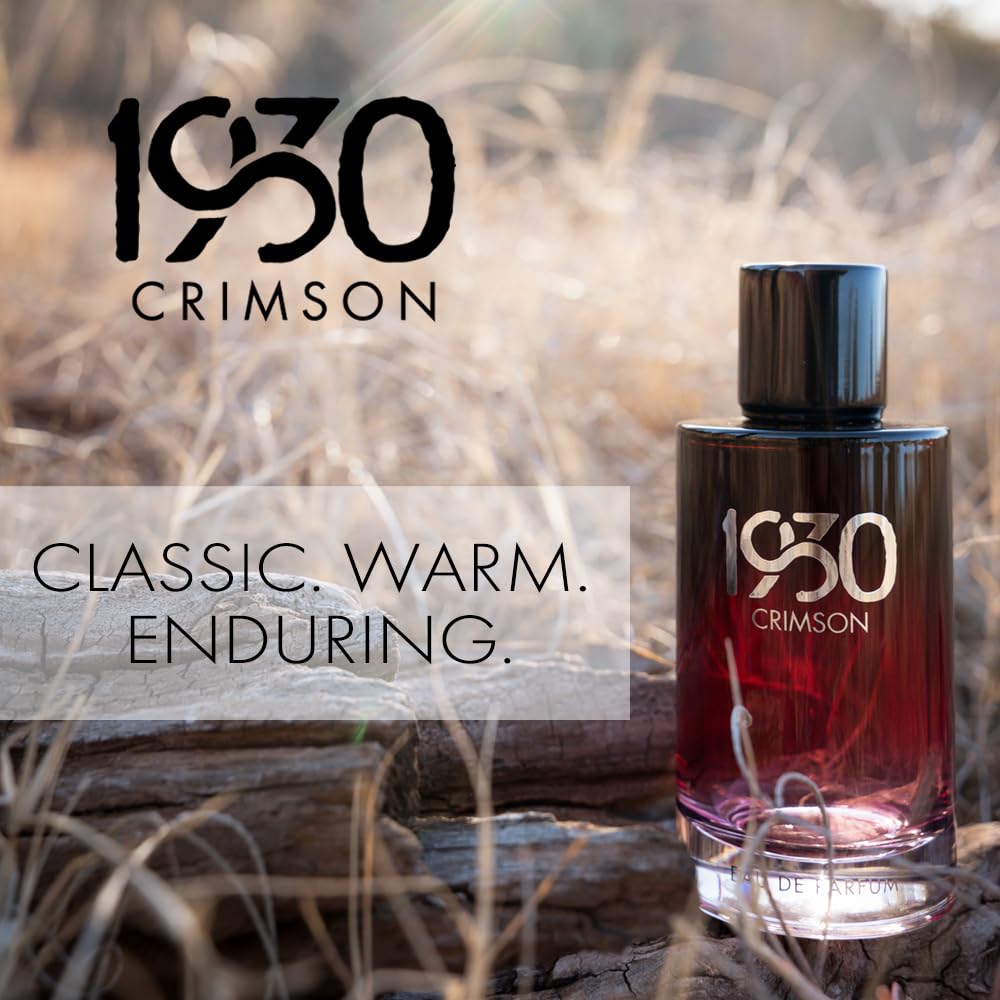 1930s Crimson bottle side angle highlighting sleek lines and masculine elegance.