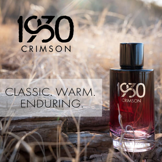 1930s Crimson bottle side angle highlighting sleek lines and masculine elegance.