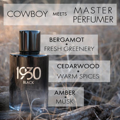 1930S men's cologne label closeup shows bergamot and cedarwood notes.