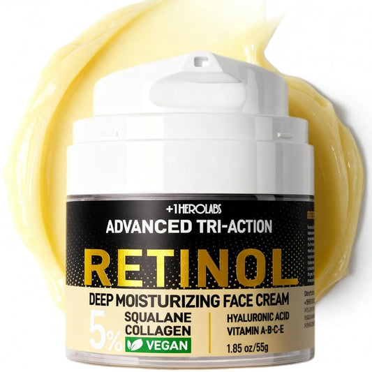 +1HEROLABS Retinol Moisturizer bottle close-up highlighting triple-retinol for smoother skin.