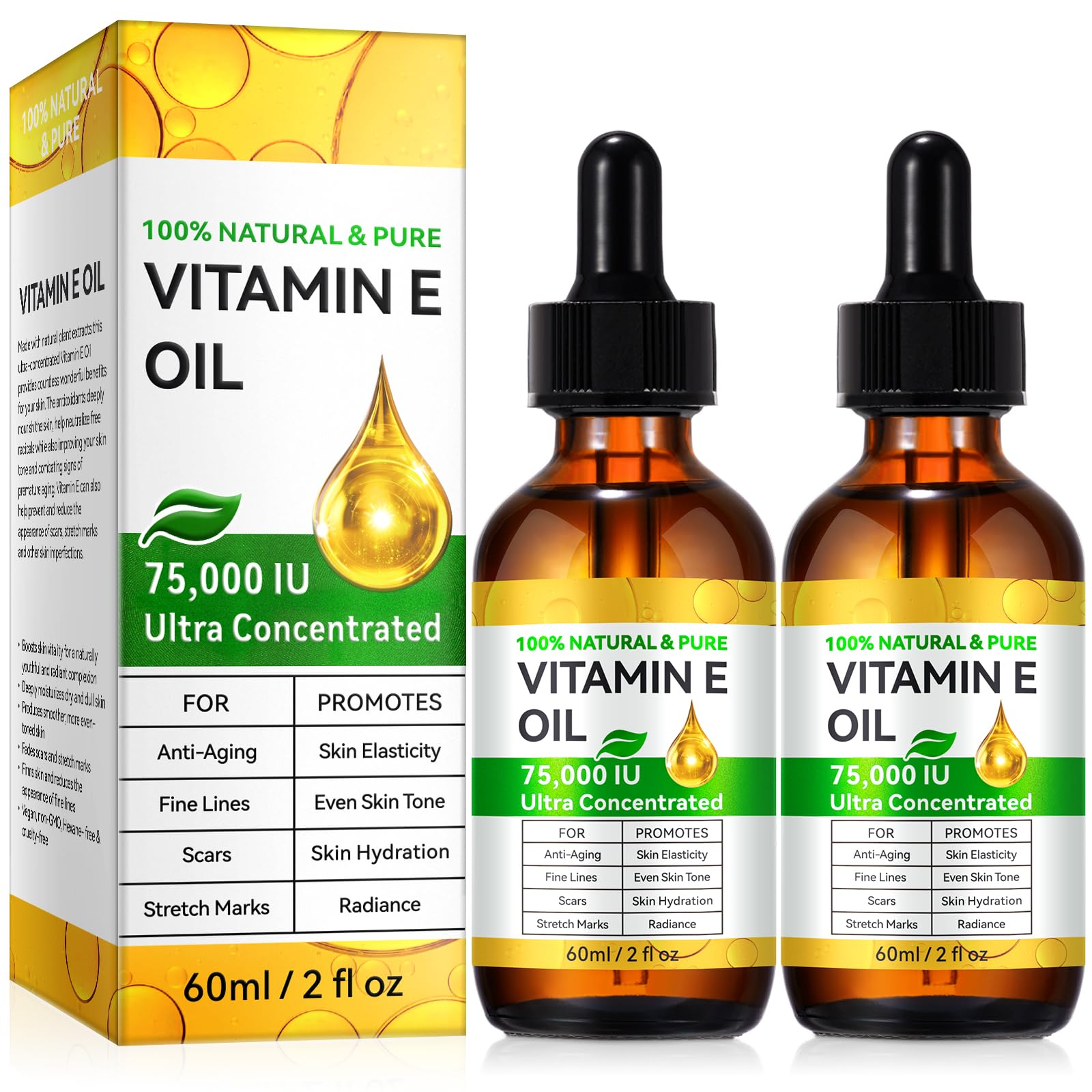 Pure Vitamin E oil bottle with 75,000 IU for deep hydration and antioxidant support.