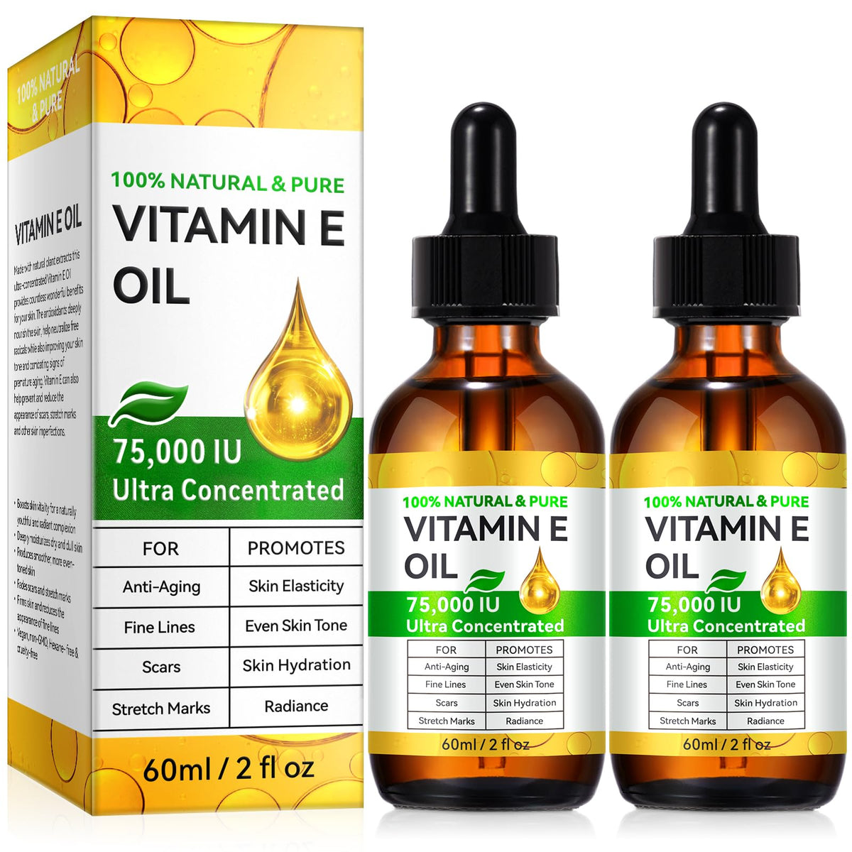 Pure Vitamin E oil bottle with 75,000 IU for deep hydration and antioxidant support.
