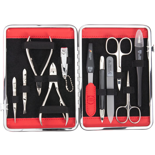 3 Swords Germany 11-piece manicure set in red leather case for precise finger and toe care.