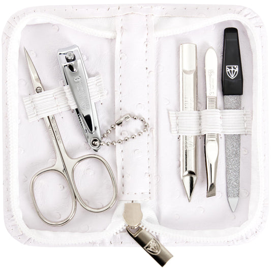 3 Swords Germany 5-piece kit case with ostrich white leather for travel.