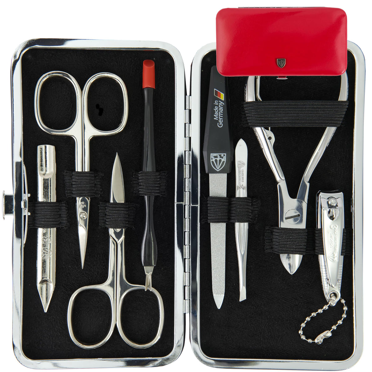 3 Swords Germany 7-piece manicure set in red leather case for on-the-go grooming.