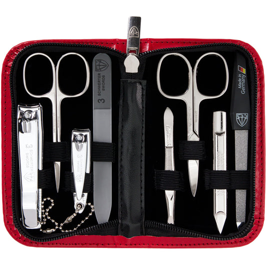 3 Swords Germany 8-piece kit in red case opened for grooming use