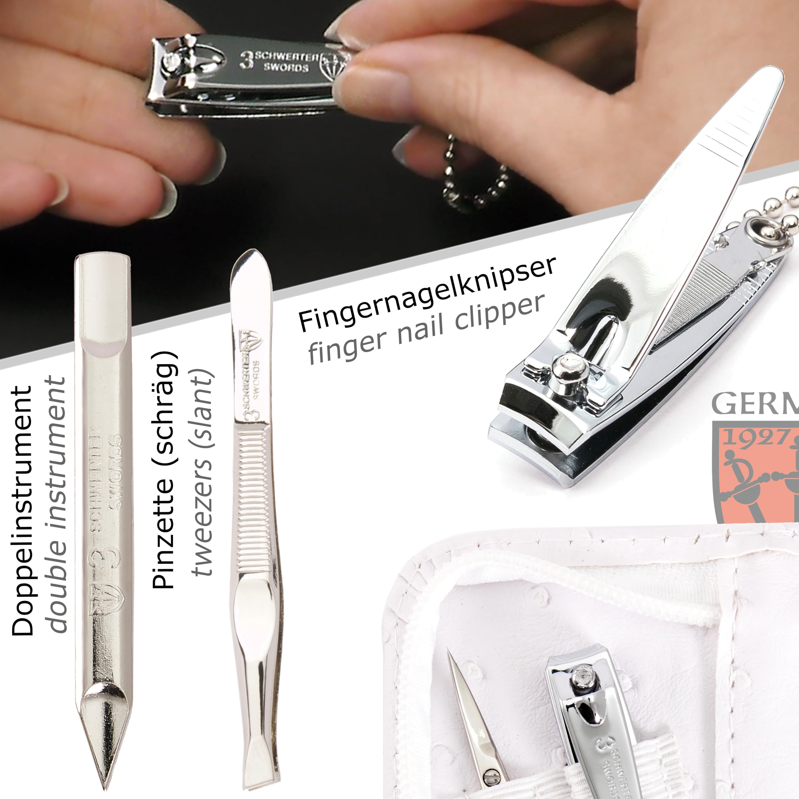 3 Swords Germany cuticle scissors for precise grooming in a compact kit.