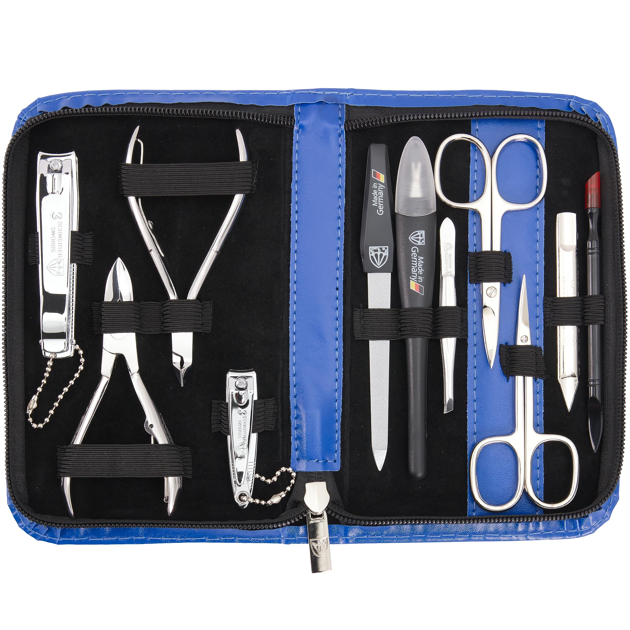 3 Swords Germany manicure kit in blue leather case for elegant storage