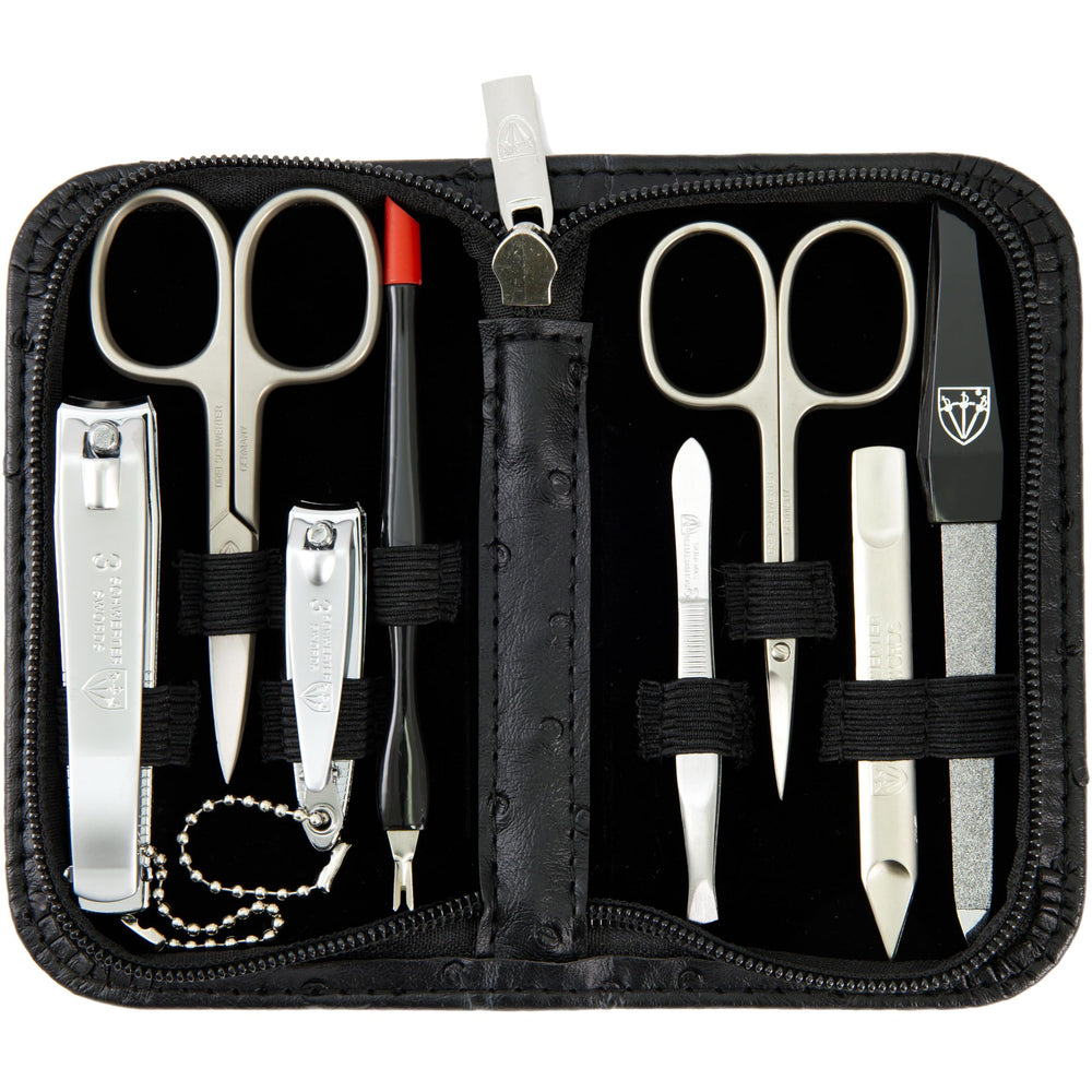 3 Swords Germany manicure kit in ostrich black case, travel-friendly storage.