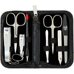 3 Swords Germany manicure kit in ostrich black case, travel-friendly storage.