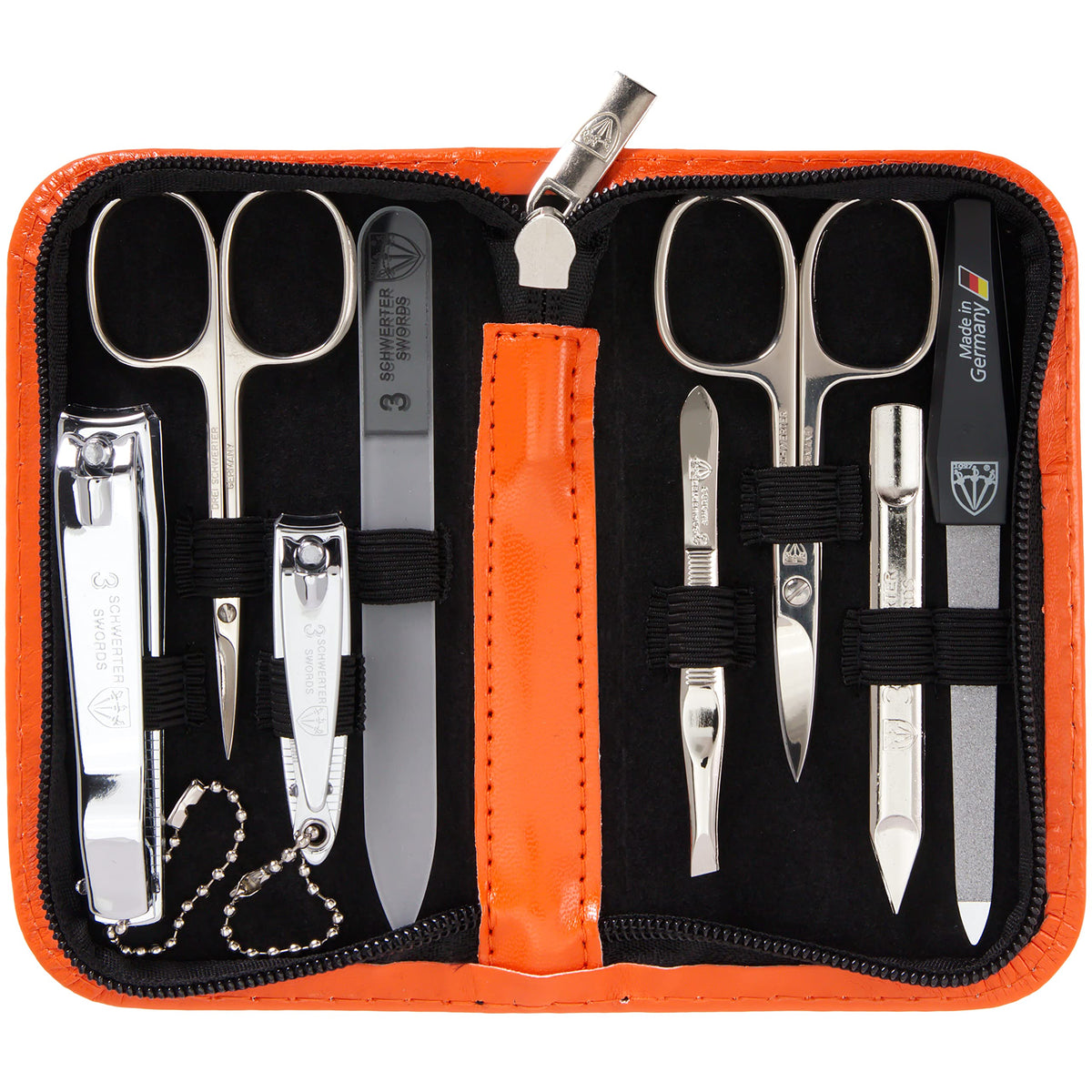 3 Swords Germany nail care kit case orange: compact for travel and home grooming.