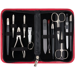 3 Swords Germany nail care kit case in red, ideal for travel grooming.