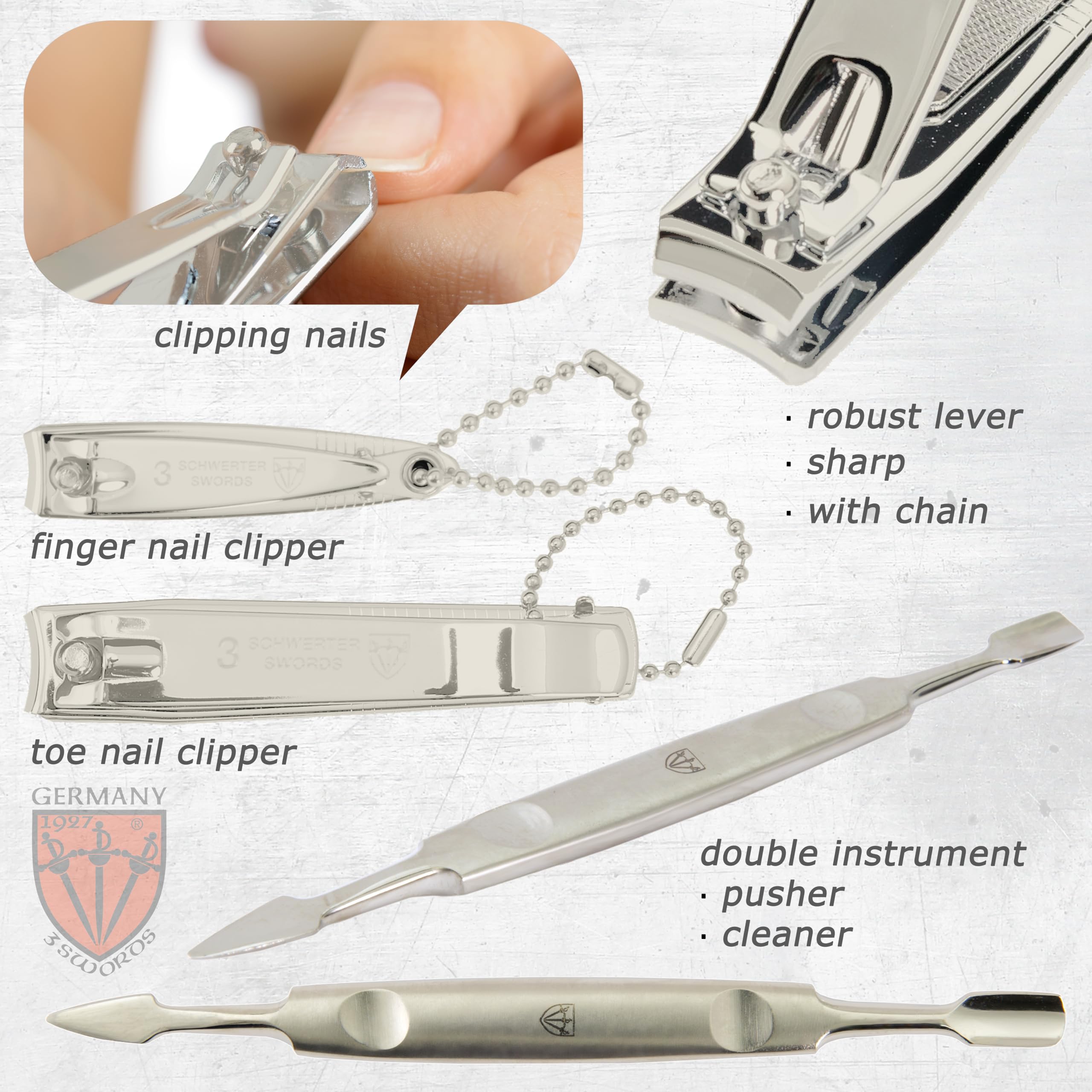 3 Swords Germany nail nippers and cuticle nippers for strong, clean cuts.
