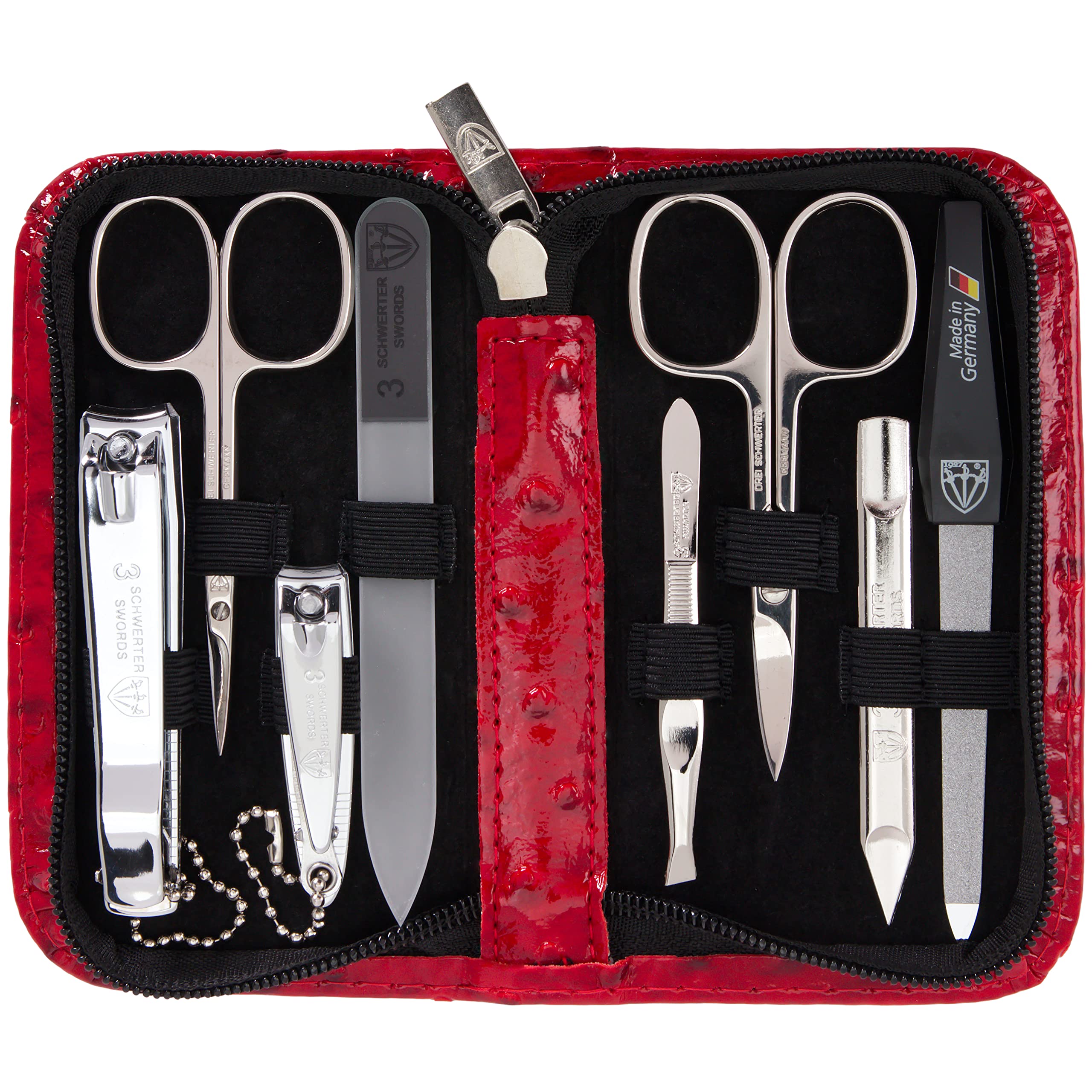 3 Swords Germany red ostrich case for compact travel grooming.