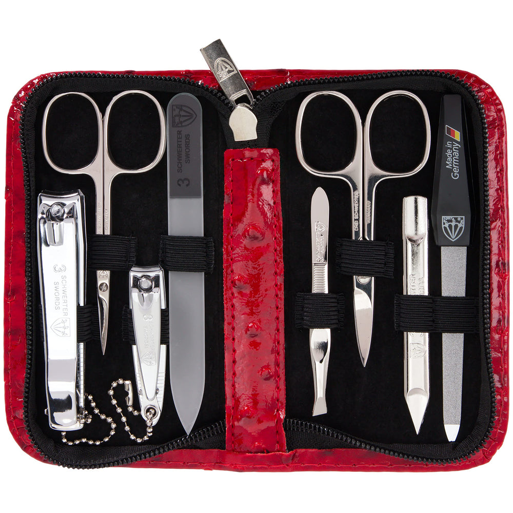 3 Swords Germany red ostrich case for compact travel grooming.