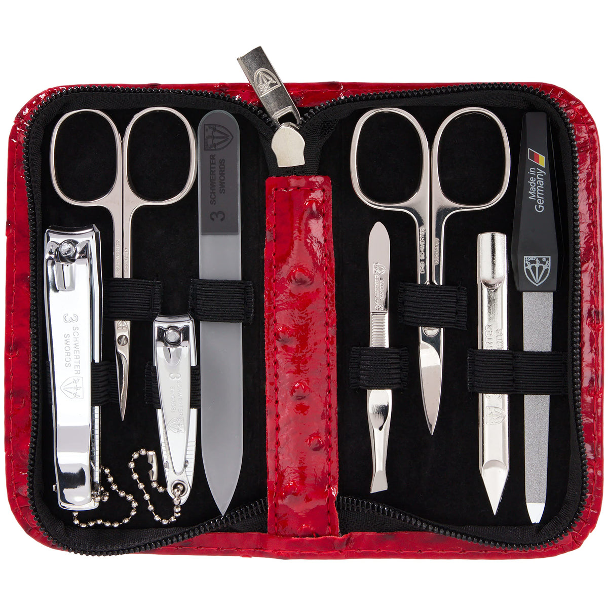 3 Swords Germany red ostrich case for compact travel grooming.