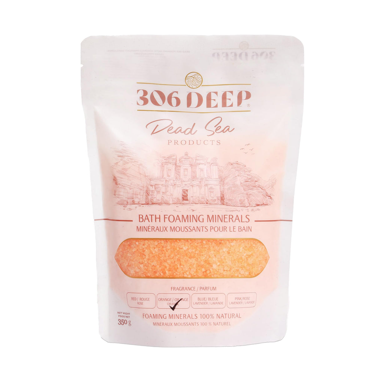 306 Deep Dead Sea foaming orange bath salts exfoliate skin during a soothing soak.