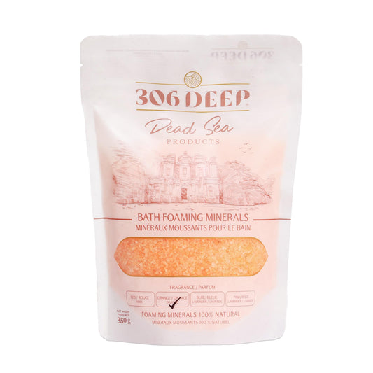 306 Deep Dead Sea foaming orange bath salts exfoliate skin during a soothing soak.