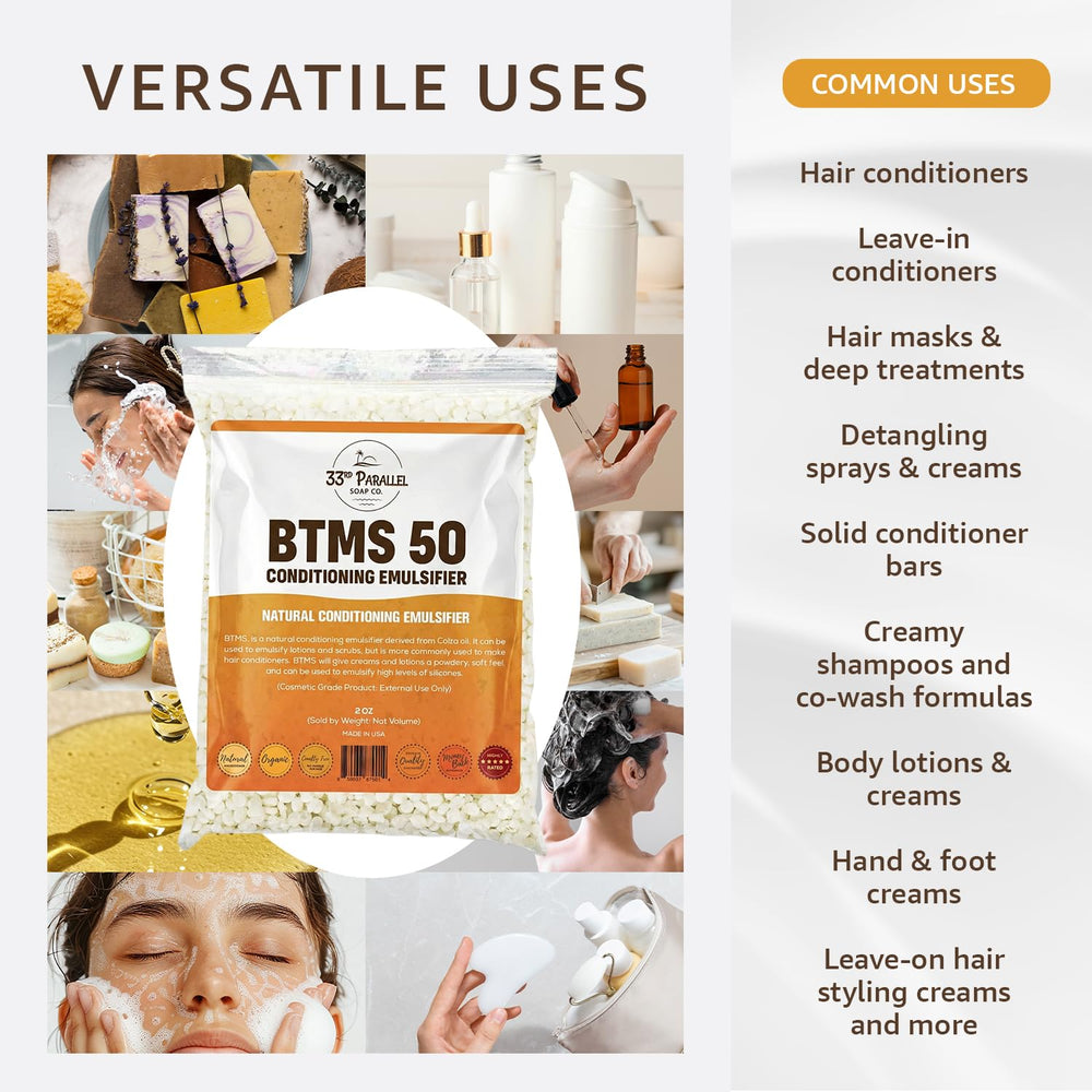 33RD PARALLEL BTMS 50 emulsifier texture demonstrates creamy conditioning for hair and skin