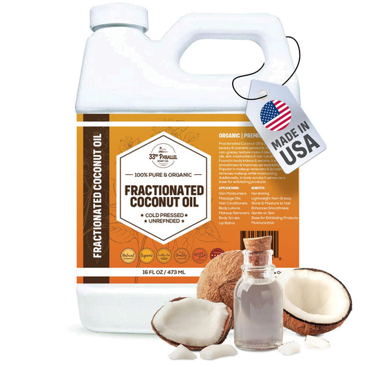 33RD PARALLEL SOAP CO Organic Fractionated Coconut Oil bottle pour for skin hydration and ease of use