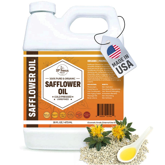 33RD PARALLEL SOAP CO Organic Safflower Oil bottle shows pure carrier oil for skin and hair