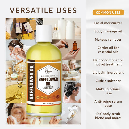33RD PARALLEL SOAP CO safflower oil label highlights organic, cold-pressed purity