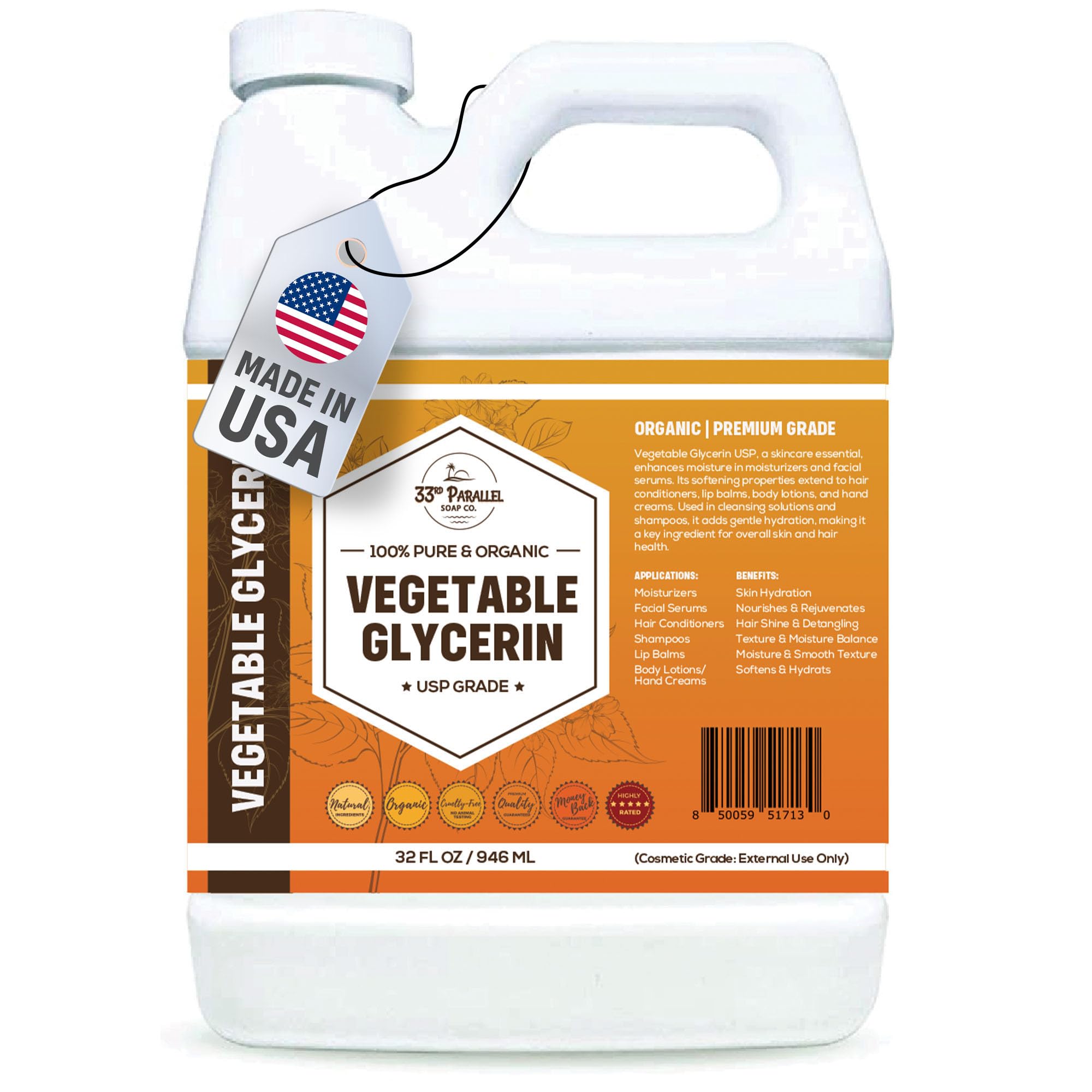 33RD PARALLEL SOAP CO Organic Vegetable Glycerin USP 32 oz bottle for versatile skincare use.
